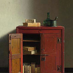 Red cabinet with books